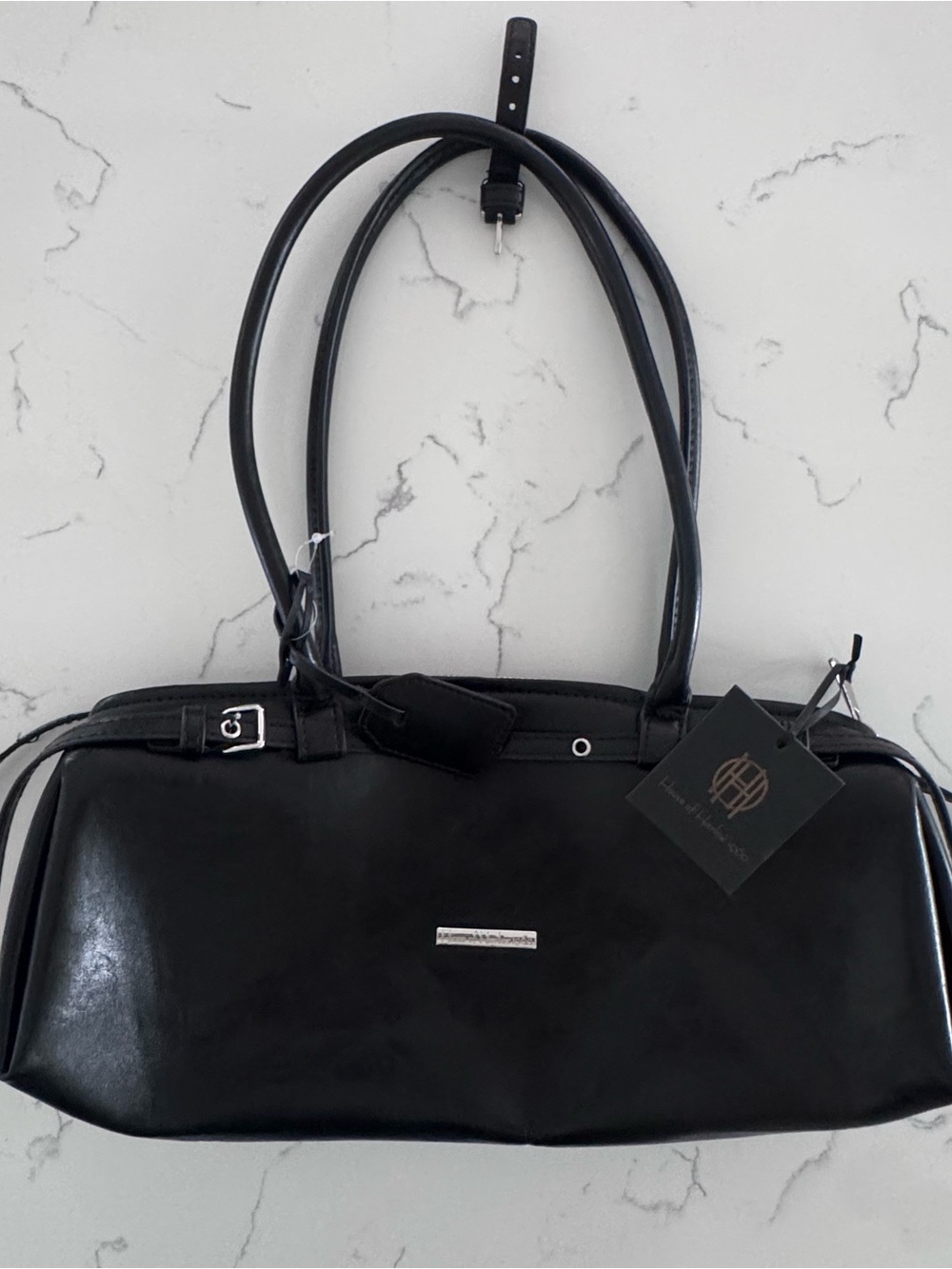 NWT House of Harlow 1960 Black Faux Leather Barrel Shoulder Bag Y2K - Picture 2 of 11